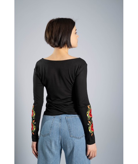 Women's embroidered T-shirt with long sleeves “Poppy blossom” black XXL