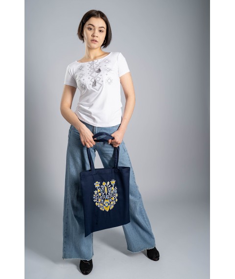 Eco-friendly shopping bag in Ukrainian style "Floral Trident" blue