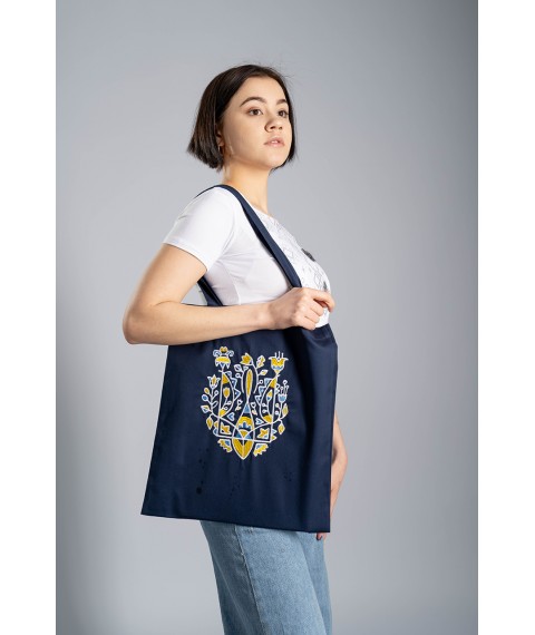 Eco-friendly shopping bag in Ukrainian style "Floral Trident" blue