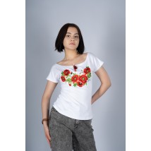 Стильная женская вышитая футболка в белом цвете с круглым вырезом "Маки" 4XL