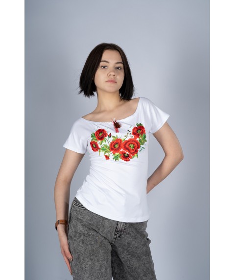 Стильная женская вышитая футболка в белом цвете с круглым вырезом "Маки" L