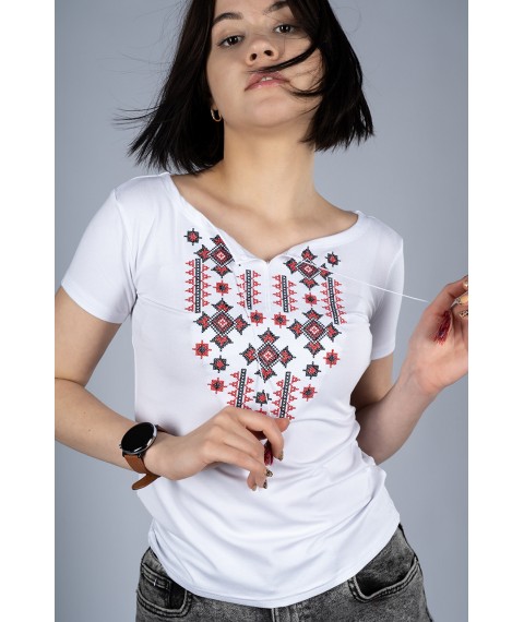 Classic white women's embroidered T-shirt “Starlight (red embroidery)”