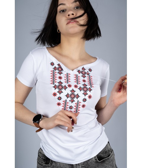 Классическая белая женская вышитая футболка «Звездное сияние (красная вышивка)» XXL