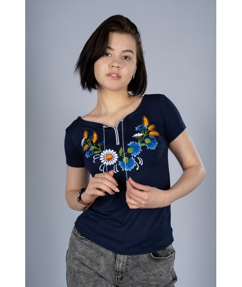 Women's dark blue embroidered T-shirt with floral patterns in the Ukrainian style "Wreath"