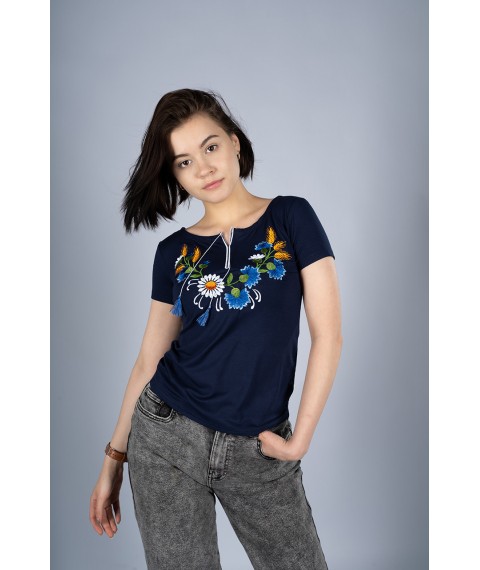 Women's dark blue embroidered T-shirt with floral patterns in the Ukrainian style “Wreath” S