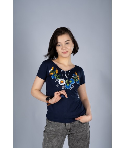 Women's dark blue embroidered T-shirt with floral patterns in the Ukrainian style “Wreath” S