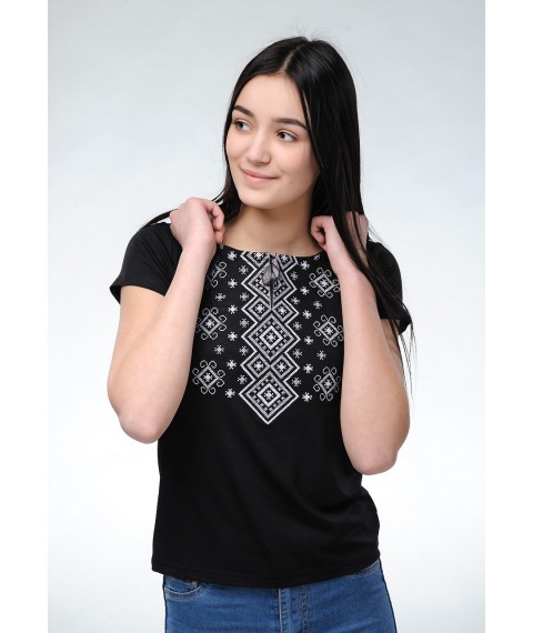 Women's black embroidered shirt with short sleeves “Carpathian ornament (gray embroidery)”