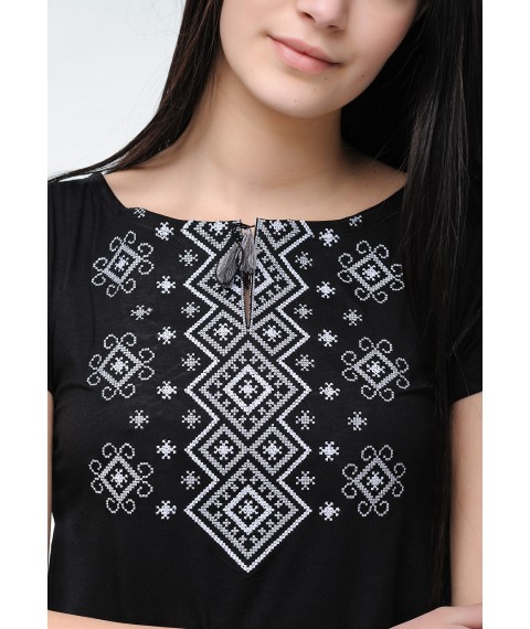 Women's black embroidered shirt with short sleeves “Carpathian ornament (gray embroidery)” 3XL