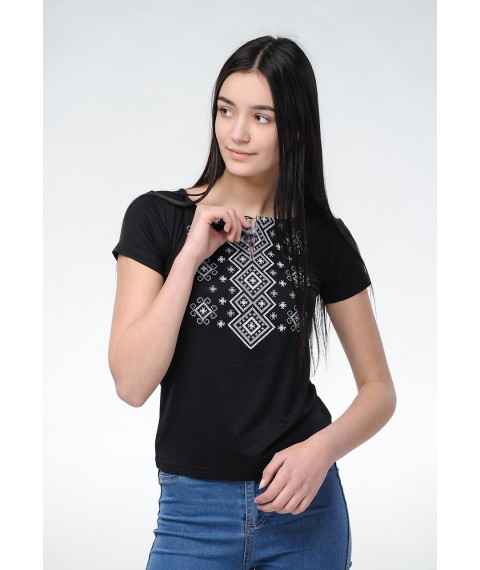 Women's black embroidered shirt with short sleeves “Carpathian ornament (gray embroidery)” 3XL