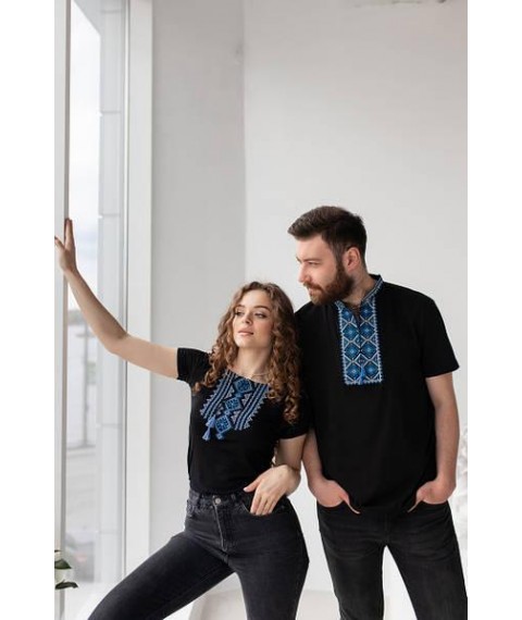 Youth embroidered shirt in black for women “Hutsulka (blue embroidery)” S