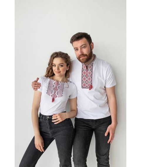 Women's T-shirt with short sleeve embroidery in white color “Hutsulka (red embroidery)” L