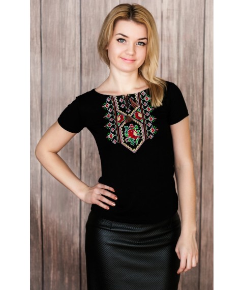 Casual black embroidered T-shirt for woman "Poppies-cross"