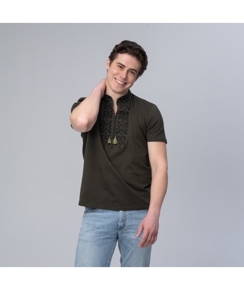 Stylish men's T-shirt with embroidery on the chest in dark green "Trident" M