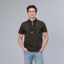 Stylish men's T-shirt with embroidery on the chest in dark green color "Trident" XXL