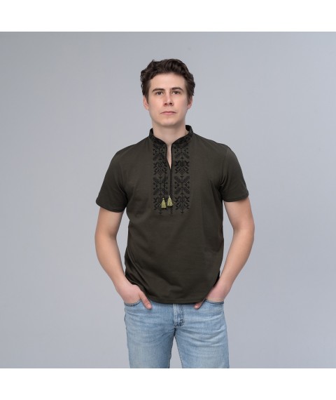 Stylish men's T-shirt with embroidery on the chest in dark green "Trident" M