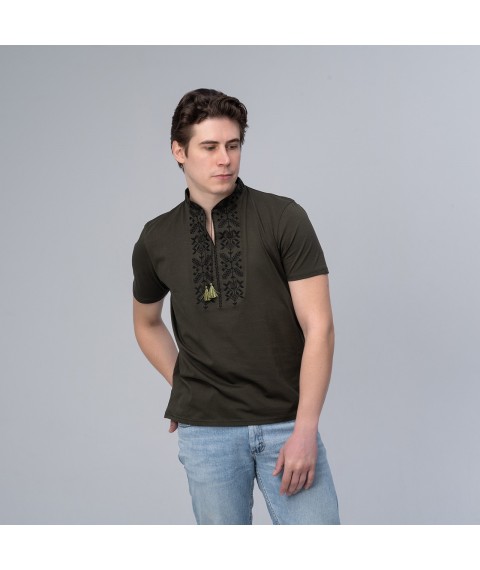 Stylish men's T-shirt with embroidery on the chest in dark green "Trident" M