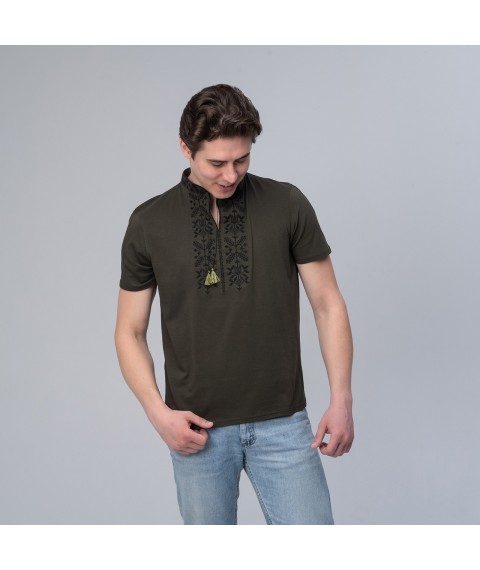 Stylish men's T-shirt with embroidery on the chest in dark green "Trident" M