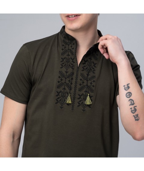 Stylish men's T-shirt with embroidery on the chest in dark green "Trident" M