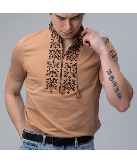 Traditional men's embroidered T-shirt in beige color "Trident" XXL