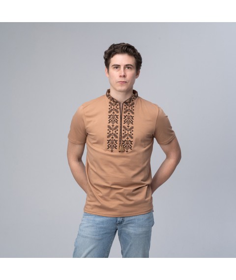 Traditional men's embroidered T-shirt in beige color "Trident" XXL