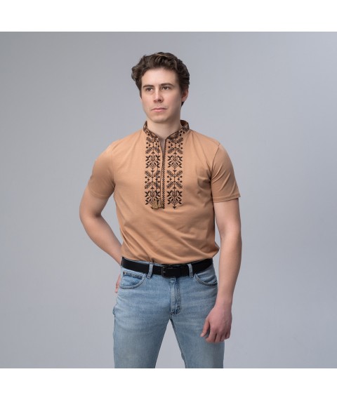 Traditional men's embroidered T-shirt in beige color "Trident" XXL