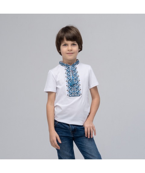 Embroidered T-shirt for boy with short sleeves Dem'yanchik (blue embroidery) 152