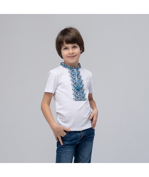 Embroidered T-shirt for boy with short sleeves Dem'yanchik (blue embroidery) 152