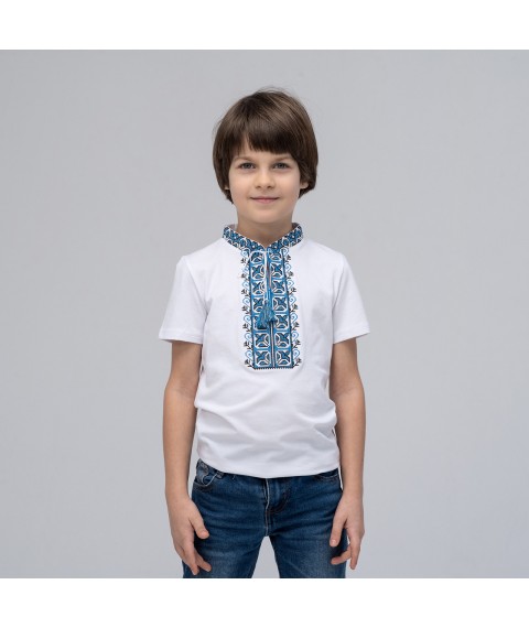 Embroidered T-shirt for boy with short sleeves Dem'yanchik (blue embroidery) 152