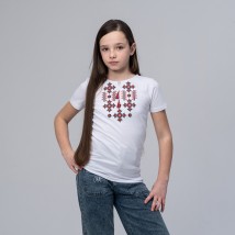 Embroidered T-shirt for a girl in white with a geometric pattern “Starlight (red)” 128