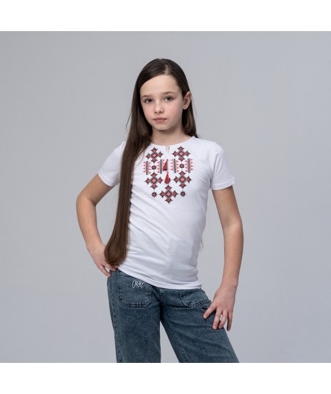 Embroidered T-shirt for a girl in white with a geometric pattern “Starlight (red)” 158