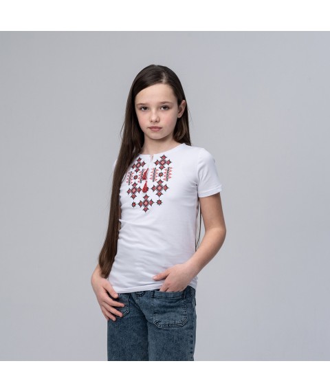 Embroidered T-shirt for a girl in white with a geometric pattern “Starlight (red)” 134