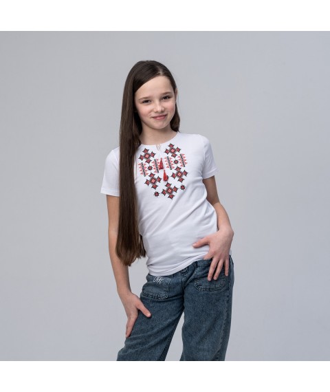 Embroidered T-shirt for a girl in white with a geometric pattern “Starlight (red)” 134