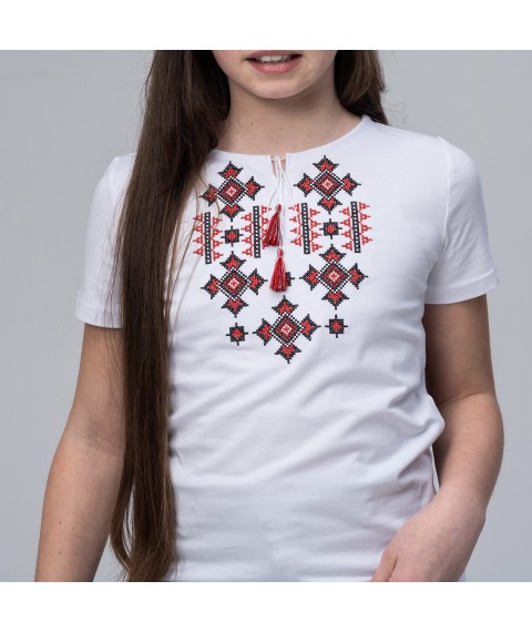 Embroidered T-shirt for a girl in white with a geometric pattern “Starlight (red)” 128