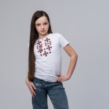 Embroidered T-shirt for a girl in white with a geometric pattern “Starlight (red)” 134