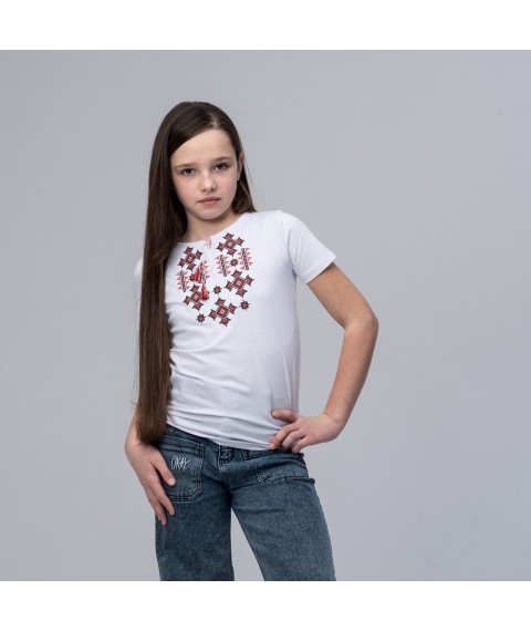 Embroidered T-shirt for a girl in white with a geometric pattern “Starlight (red)” 128