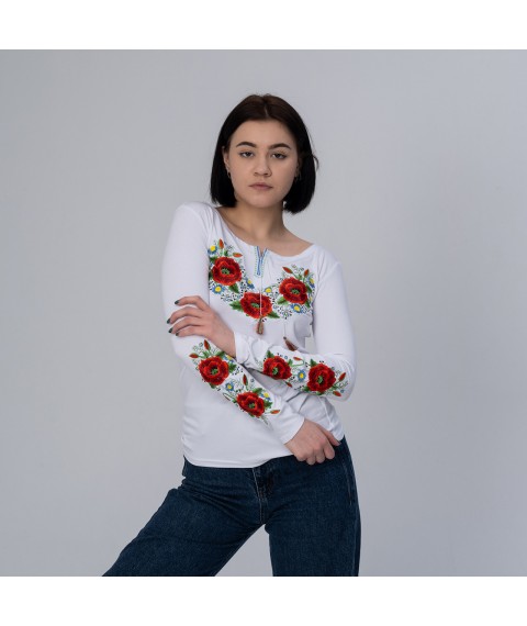 Women's embroidered T-shirt with long sleeves “Poppy blossom” M