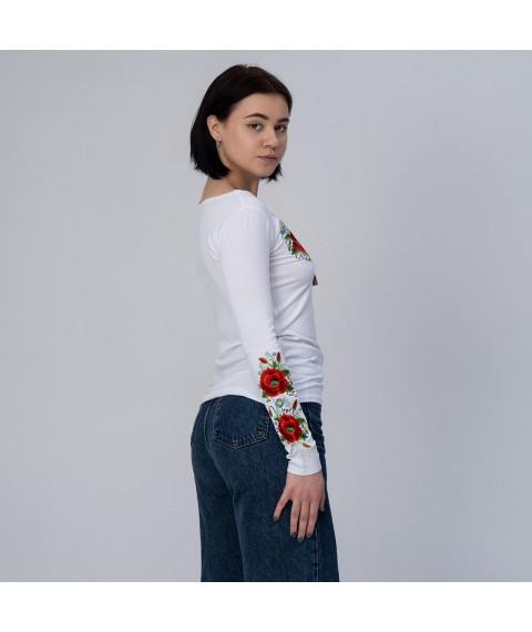 Women's embroidered T-shirt with long sleeves “Poppy blossom” S