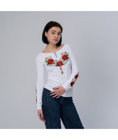 Women's embroidered T-shirt with long sleeves “Poppy blossom” S