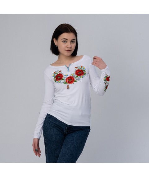 Women's embroidered T-shirt with long sleeves “Poppy blossom” M