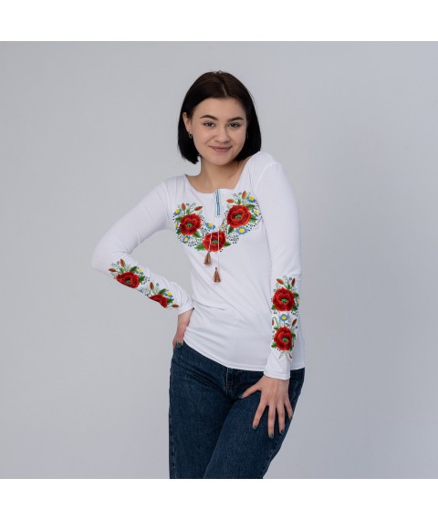 Women's embroidered T-shirt with long sleeves “Poppy blossom” M