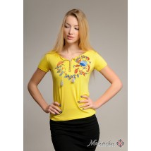 Женская вышитая футболка в патриотическом желтом цвете «Петриковская роспись»