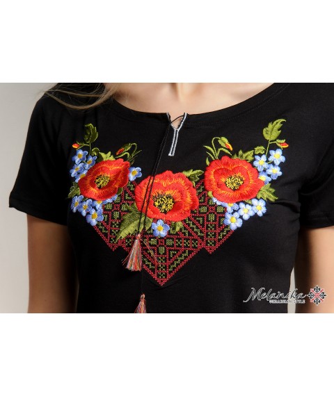 Black women's embroidered shirt with short sleeves in the national style “Miracle Maki”