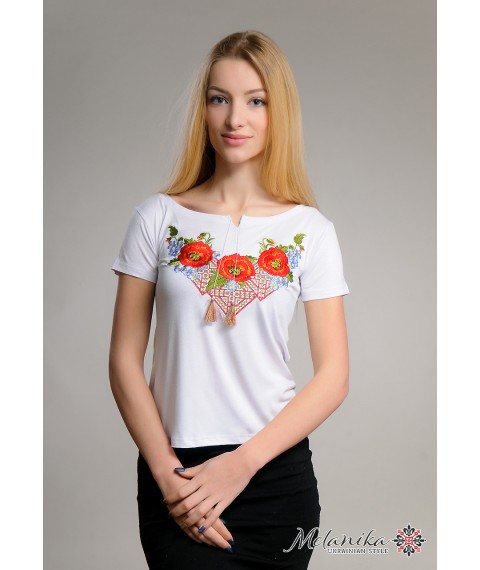 Wei?es besticktes Damenhemd mit kurzen ?rmeln mit floralem Ornament "Miracle Poppies"