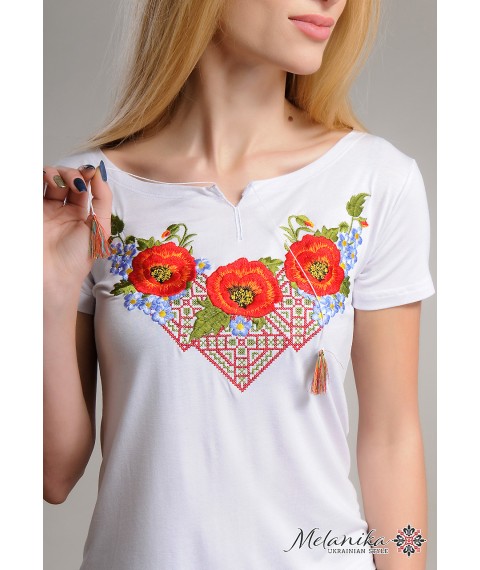 Wei?es besticktes Damenhemd mit kurzen ?rmeln mit floralem Ornament "Miracle Poppies"
