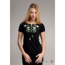Schwarzes Damen besticktes Hemd im patriotischen Stil mit floralem Ornament "G?nsebl?mchen"