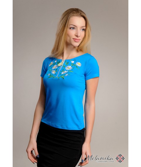 Helles besticktes Hemd f?r Damen in blauer Farbe mit floralem Ornament "G?nsebl?mchen" S