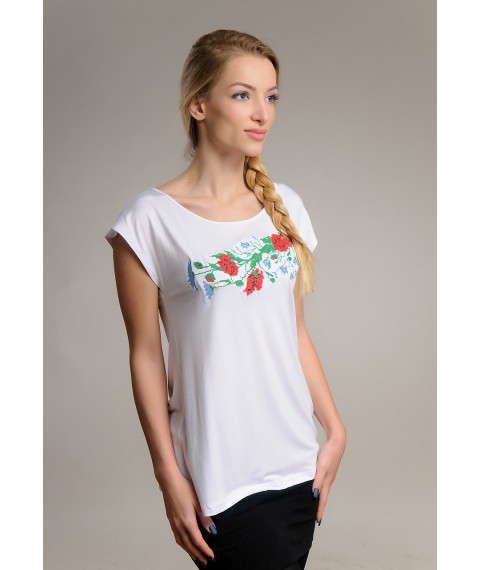 Белая вышитая футболка реглан с цветами «Полевой букет» M