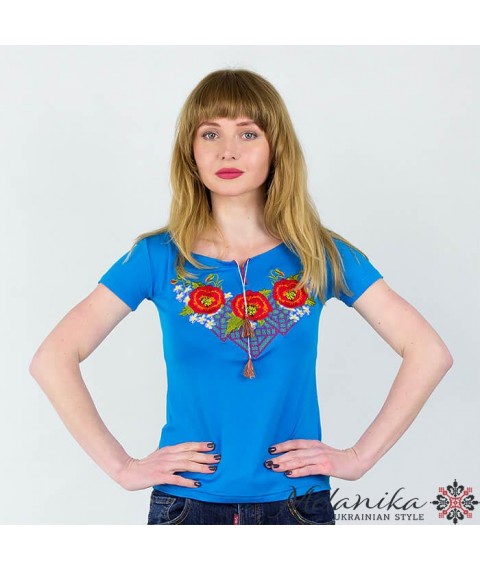 Blaues Damen T-Shirt mit Stickerei mit Blumen und kurzen ?rmeln "Miracle Poppies"