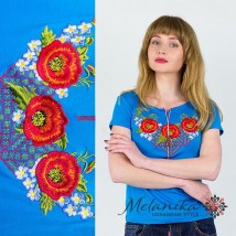 Blaues Damen T-Shirt mit Stickerei mit Blumen und kurzen ?rmeln "Miracle Poppies"