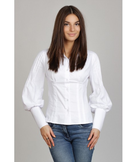 Business white women's blouse with puff sleeve P01